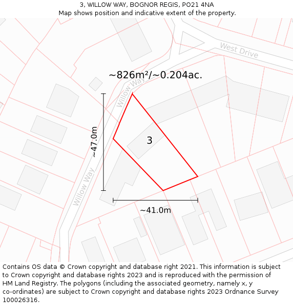 3, WILLOW WAY, BOGNOR REGIS, PO21 4NA: Plot and title map