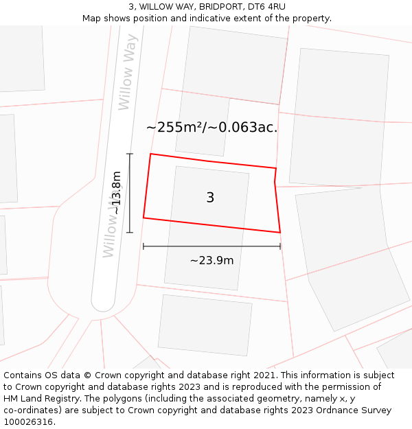 3, WILLOW WAY, BRIDPORT, DT6 4RU: Plot and title map