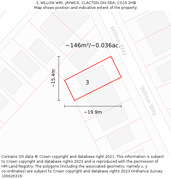 3, WILLOW WAY, JAYWICK, CLACTON-ON-SEA, CO15 2HB: Plot and title map