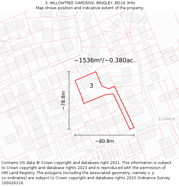 3, WILLOWTREE GARDENS, BINGLEY, BD16 3HN: Plot and title map
