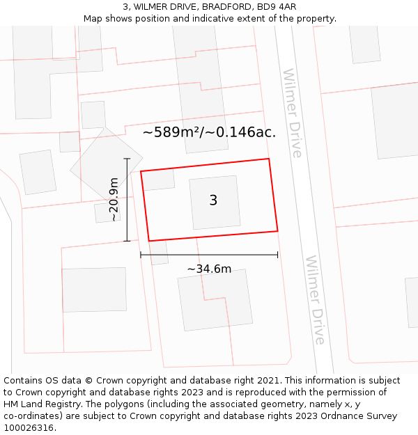 3, WILMER DRIVE, BRADFORD, BD9 4AR: Plot and title map