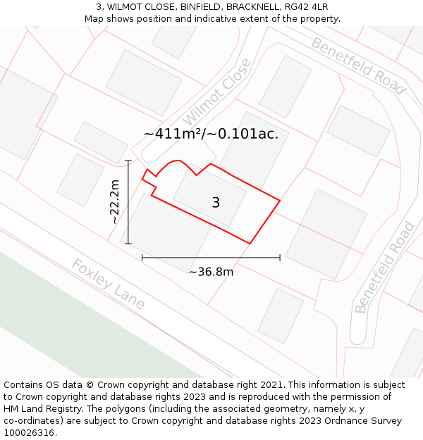 3, WILMOT CLOSE, BINFIELD, BRACKNELL, RG42 4LR: Plot and title map