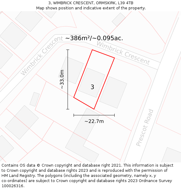 3, WIMBRICK CRESCENT, ORMSKIRK, L39 4TB: Plot and title map