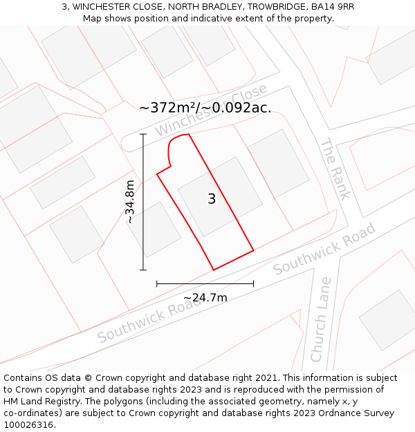 3, WINCHESTER CLOSE, NORTH BRADLEY, TROWBRIDGE, BA14 9RR: Plot and title map