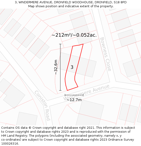 3, WINDERMERE AVENUE, DRONFIELD WOODHOUSE, DRONFIELD, S18 8PD: Plot and title map