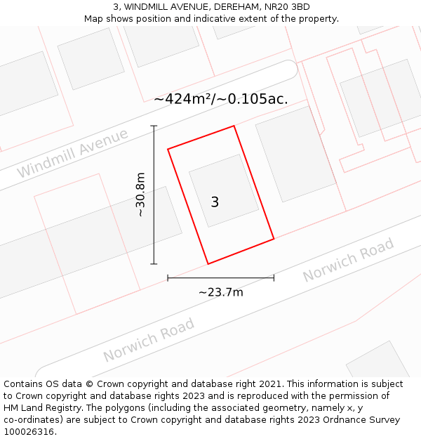 3, WINDMILL AVENUE, DEREHAM, NR20 3BD: Plot and title map