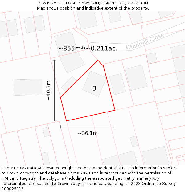 3, WINDMILL CLOSE, SAWSTON, CAMBRIDGE, CB22 3DN: Plot and title map