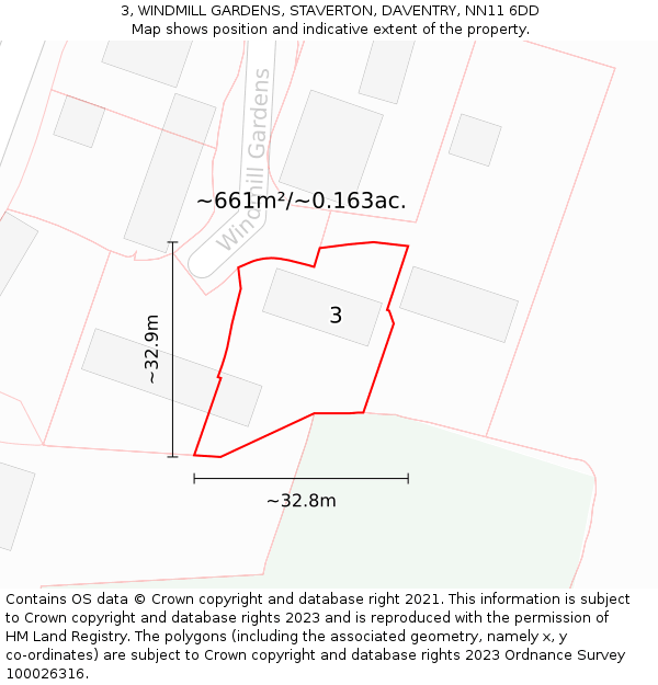 3, WINDMILL GARDENS, STAVERTON, DAVENTRY, NN11 6DD: Plot and title map