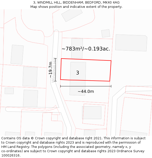 3, WINDMILL HILL, BIDDENHAM, BEDFORD, MK40 4AG: Plot and title map