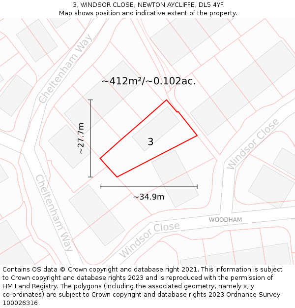 3, WINDSOR CLOSE, NEWTON AYCLIFFE, DL5 4YF: Plot and title map