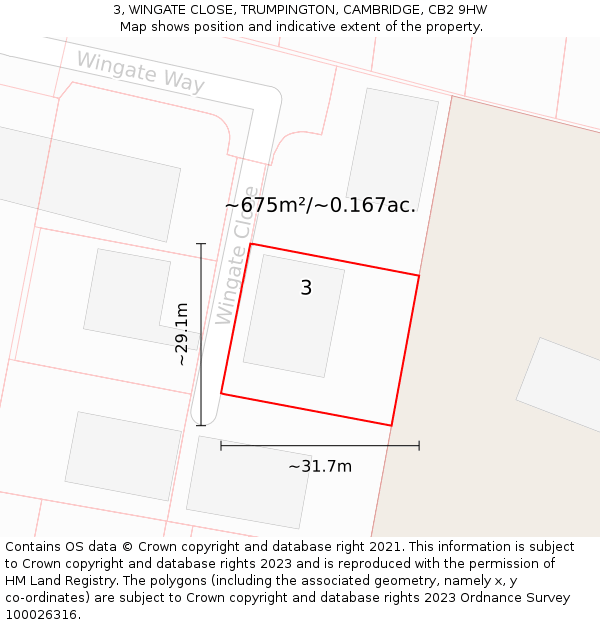 3, WINGATE CLOSE, TRUMPINGTON, CAMBRIDGE, CB2 9HW: Plot and title map