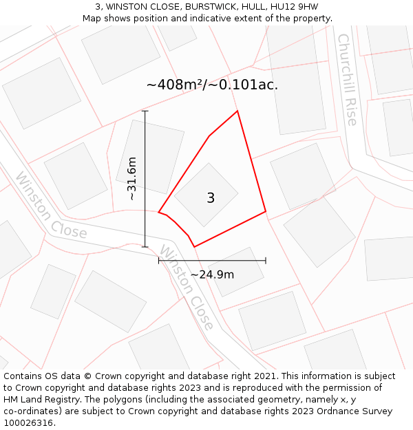 3, WINSTON CLOSE, BURSTWICK, HULL, HU12 9HW: Plot and title map