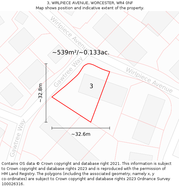 3, WIRLPIECE AVENUE, WORCESTER, WR4 0NF: Plot and title map