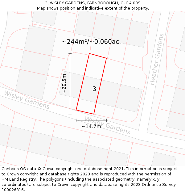 3, WISLEY GARDENS, FARNBOROUGH, GU14 0RS: Plot and title map