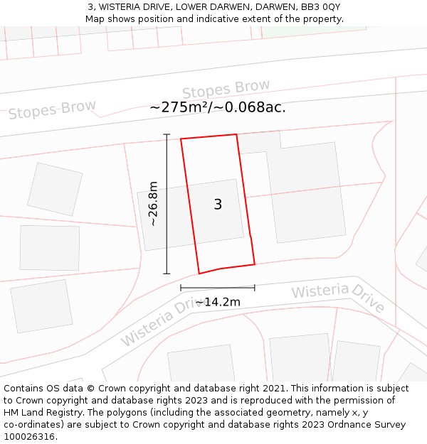 3, WISTERIA DRIVE, LOWER DARWEN, DARWEN, BB3 0QY: Plot and title map