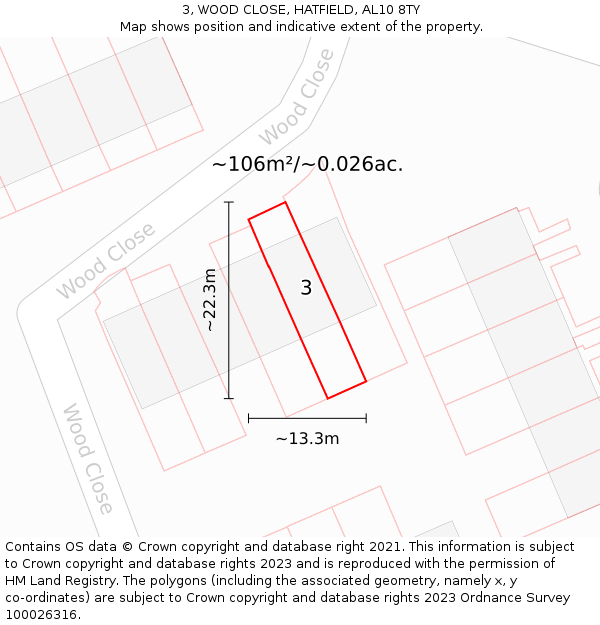 3, WOOD CLOSE, HATFIELD, AL10 8TY: Plot and title map