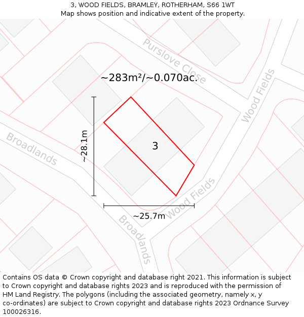 3, WOOD FIELDS, BRAMLEY, ROTHERHAM, S66 1WT: Plot and title map