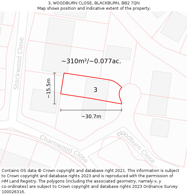 3, WOODBURN CLOSE, BLACKBURN, BB2 7QN: Plot and title map