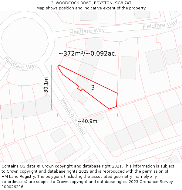 3, WOODCOCK ROAD, ROYSTON, SG8 7XT: Plot and title map