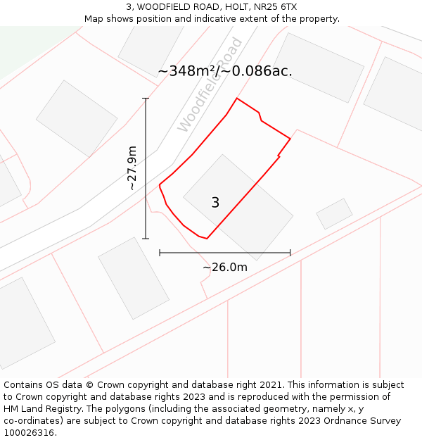 3, WOODFIELD ROAD, HOLT, NR25 6TX: Plot and title map