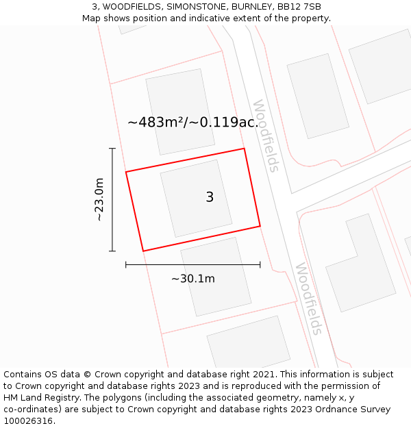 3, WOODFIELDS, SIMONSTONE, BURNLEY, BB12 7SB: Plot and title map