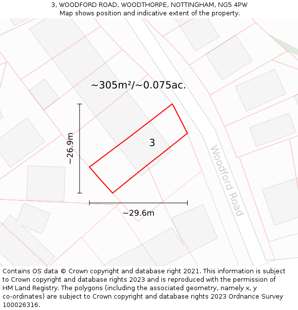 3, WOODFORD ROAD, WOODTHORPE, NOTTINGHAM, NG5 4PW: Plot and title map