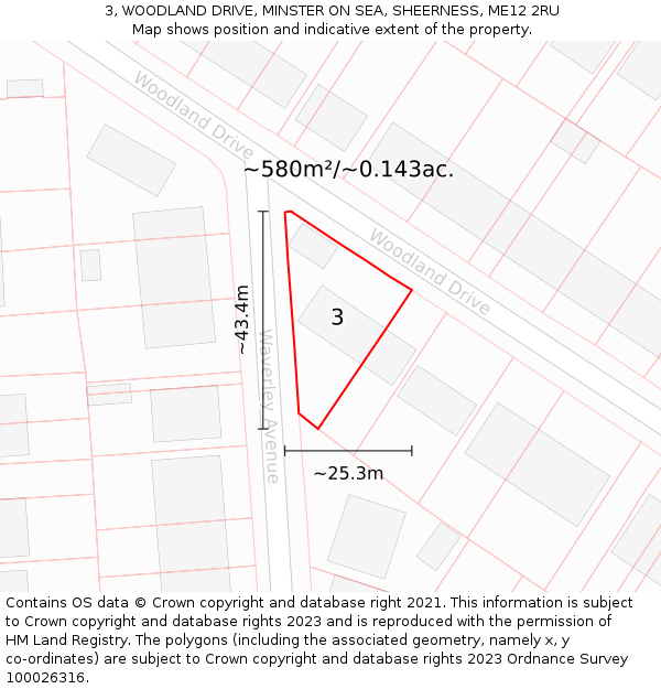 3, WOODLAND DRIVE, MINSTER ON SEA, SHEERNESS, ME12 2RU: Plot and title map