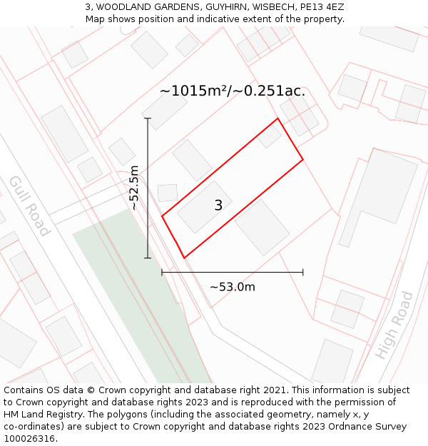 3, WOODLAND GARDENS, GUYHIRN, WISBECH, PE13 4EZ: Plot and title map