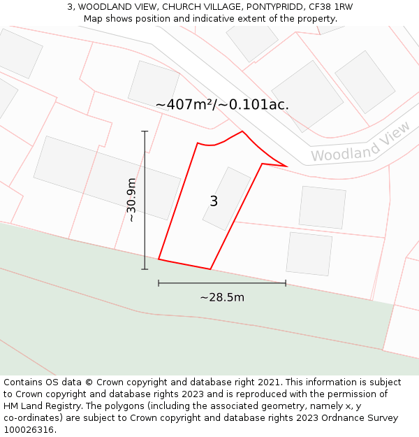 3, WOODLAND VIEW, CHURCH VILLAGE, PONTYPRIDD, CF38 1RW: Plot and title map