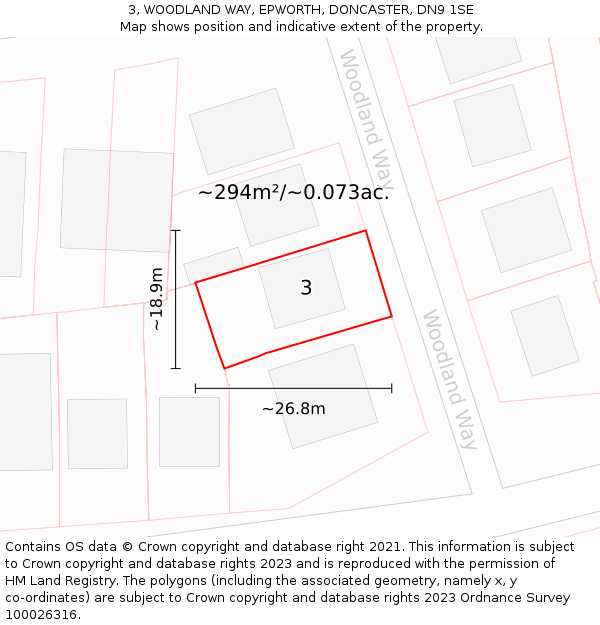 3, WOODLAND WAY, EPWORTH, DONCASTER, DN9 1SE: Plot and title map