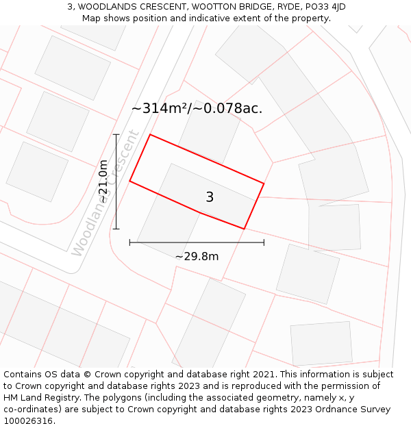 3, WOODLANDS CRESCENT, WOOTTON BRIDGE, RYDE, PO33 4JD: Plot and title map