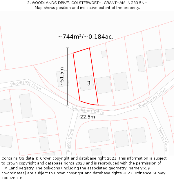 3, WOODLANDS DRIVE, COLSTERWORTH, GRANTHAM, NG33 5NH: Plot and title map