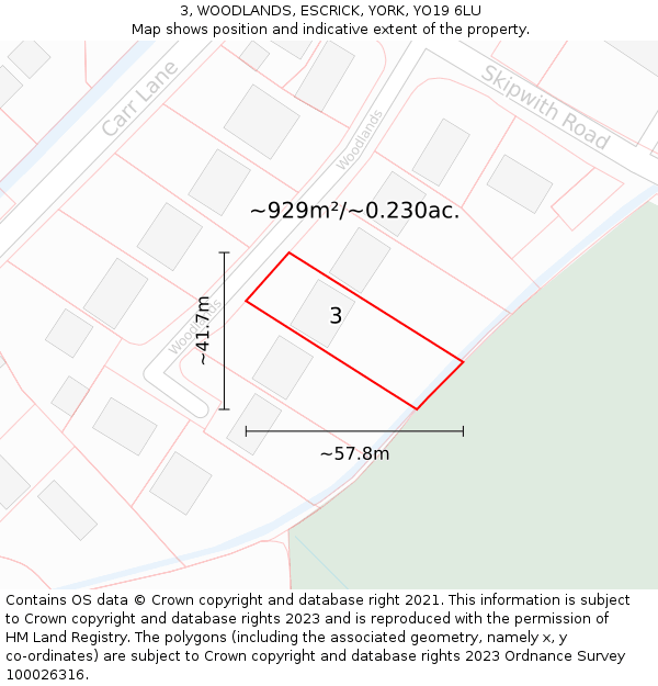 3, WOODLANDS, ESCRICK, YORK, YO19 6LU: Plot and title map