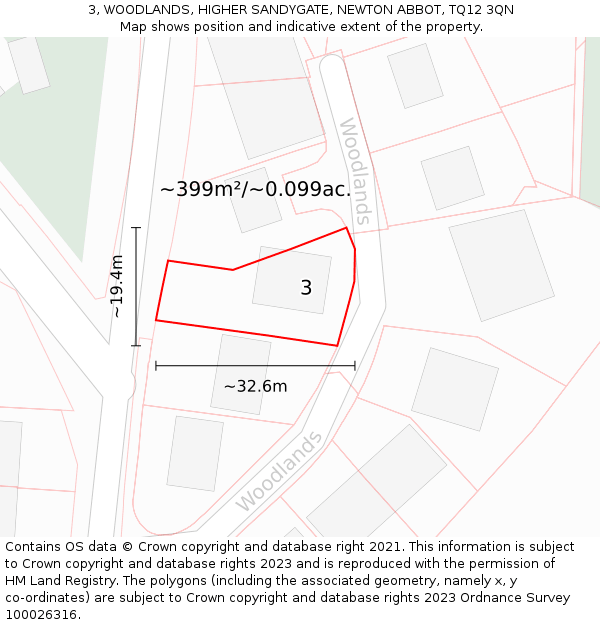 3, WOODLANDS, HIGHER SANDYGATE, NEWTON ABBOT, TQ12 3QN: Plot and title map
