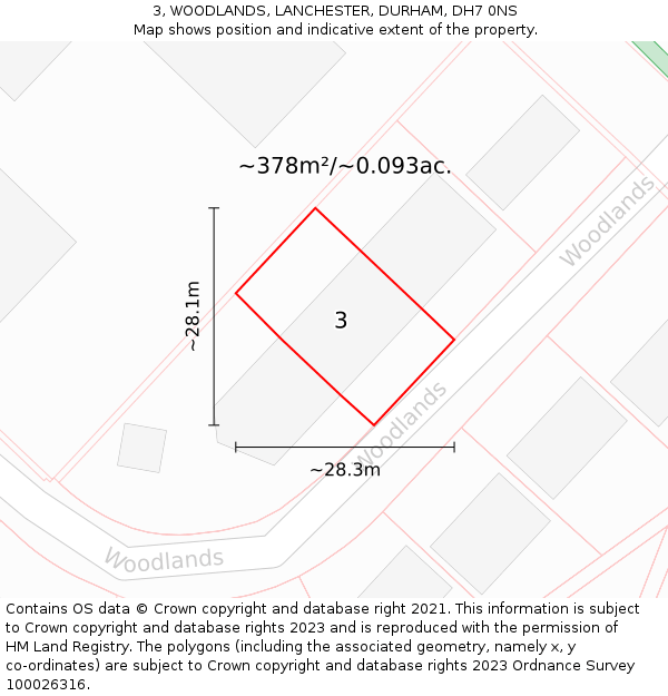 3, WOODLANDS, LANCHESTER, DURHAM, DH7 0NS: Plot and title map