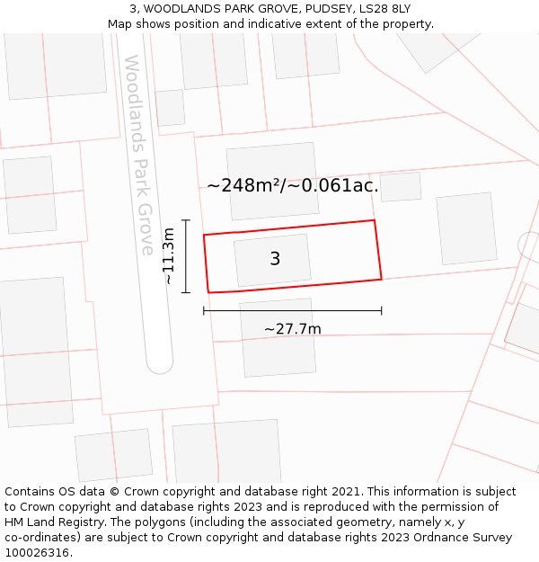 3, WOODLANDS PARK GROVE, PUDSEY, LS28 8LY: Plot and title map