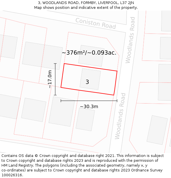 3, WOODLANDS ROAD, FORMBY, LIVERPOOL, L37 2JN: Plot and title map