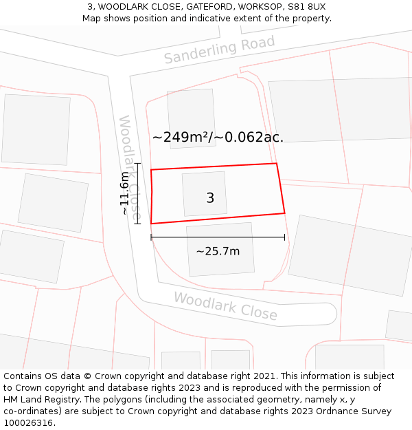 3, WOODLARK CLOSE, GATEFORD, WORKSOP, S81 8UX: Plot and title map