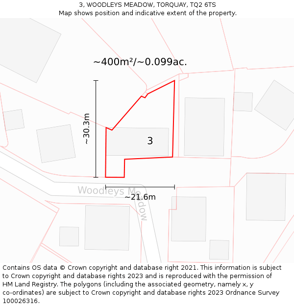 3, WOODLEYS MEADOW, TORQUAY, TQ2 6TS: Plot and title map