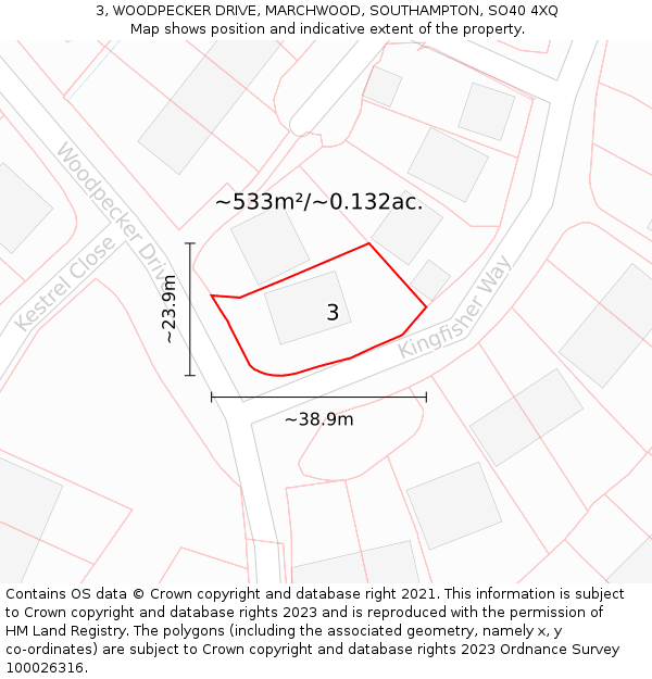 3, WOODPECKER DRIVE, MARCHWOOD, SOUTHAMPTON, SO40 4XQ: Plot and title map