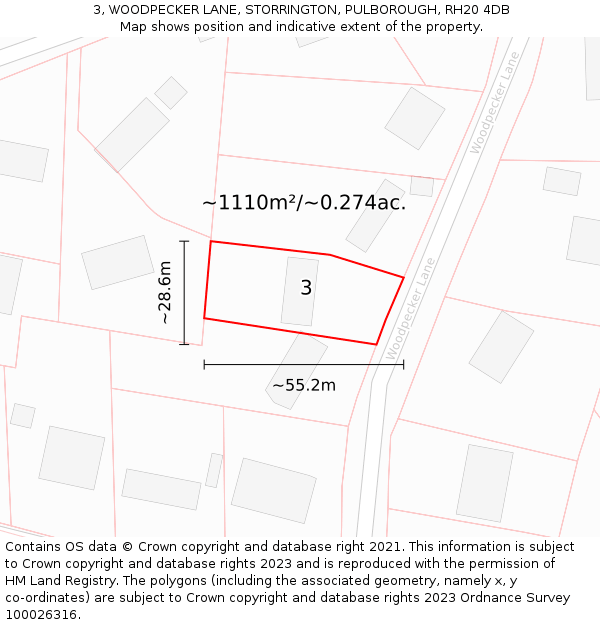 3, WOODPECKER LANE, STORRINGTON, PULBOROUGH, RH20 4DB: Plot and title map