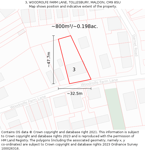 3, WOODROLFE FARM LANE, TOLLESBURY, MALDON, CM9 8SU: Plot and title map