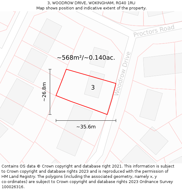 3, WOODROW DRIVE, WOKINGHAM, RG40 1RU: Plot and title map