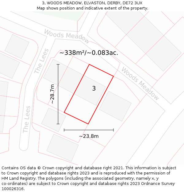 3, WOODS MEADOW, ELVASTON, DERBY, DE72 3UX: Plot and title map