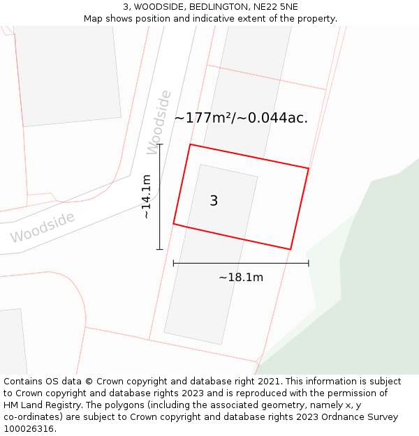 3, WOODSIDE, BEDLINGTON, NE22 5NE: Plot and title map