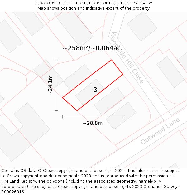 3, WOODSIDE HILL CLOSE, HORSFORTH, LEEDS, LS18 4HW: Plot and title map