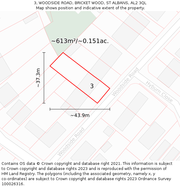 3, WOODSIDE ROAD, BRICKET WOOD, ST ALBANS, AL2 3QL: Plot and title map