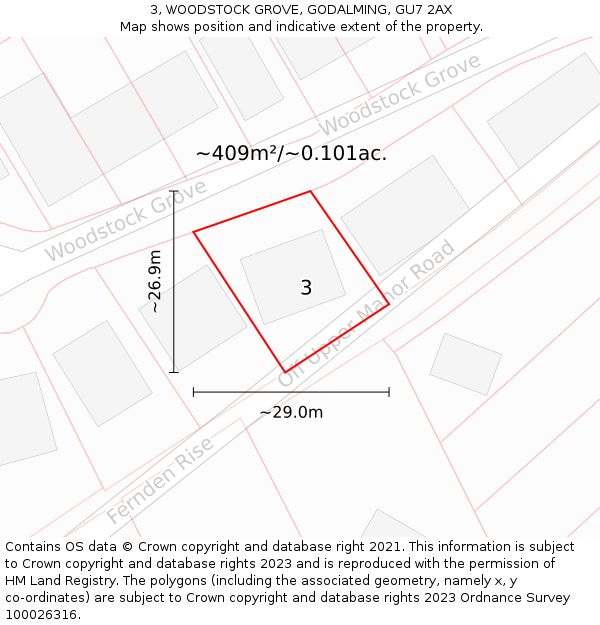 3, WOODSTOCK GROVE, GODALMING, GU7 2AX: Plot and title map