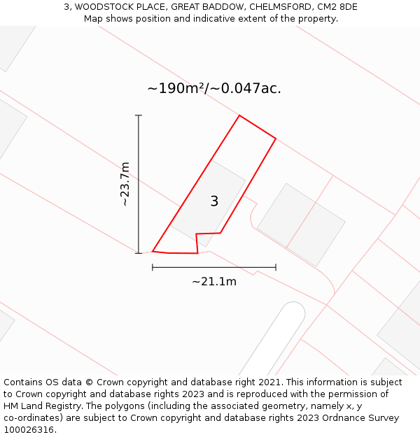 3, WOODSTOCK PLACE, GREAT BADDOW, CHELMSFORD, CM2 8DE: Plot and title map