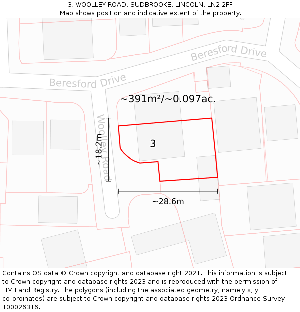 3, WOOLLEY ROAD, SUDBROOKE, LINCOLN, LN2 2FF: Plot and title map